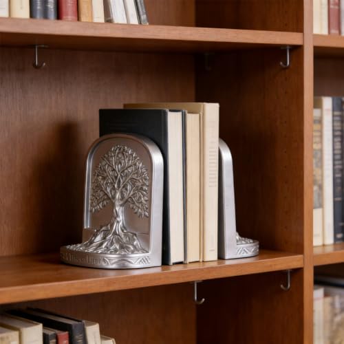 Tree of Life Bookends Silver, Antique Style Resin Book Ends for Shelves, Heavy Duty Decorative Bookends for Large Books, Sturdy Non Slip Bookends Set of 2, Vintage Rustic Shelf Decor - color: Sliver