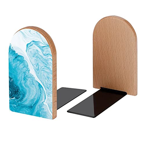 Abstract Blue Marble Book Ends Decorative Wood Bookends for Shelves Kids Room Desk Home Office Book Stoppers for Magazines,Books, DVDs, 1 Pair/2 Pieces(5x3.1 in) - color: Abstract Blue Marble