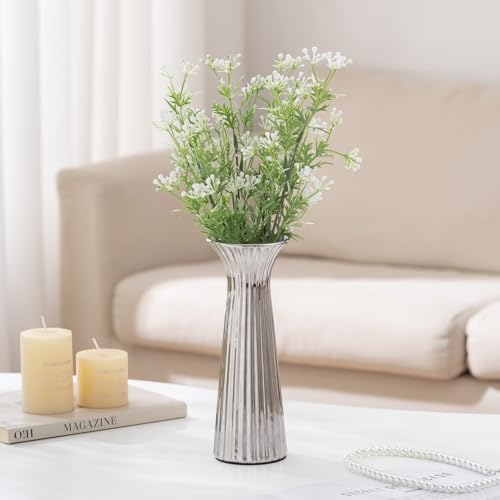 Silver Ceramic Vase for Home Decor, Small Ribbed Flower Vase for Pampas Grass, Modern Contemporary Decorative Vase for Coffee Table, Shelf, Kitchen, Living Room, Bedroom & Elegant Centerpiece - color: Silver