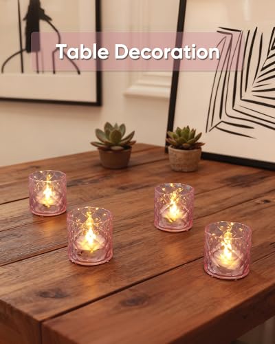 Homemory 2" x 2" Acrylic Votive Candle Holders with Auto Timer Flameless Led Tealight with, Battery Powered Fake Electric Candles for Wedding Centerpiece, Table, Christmas Decor (6Pack, Pink Base) - color: Pink, size: 6 Pack
