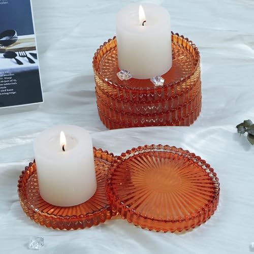 Candlestick Glass Candle Holder Plates Set of 6, Round Glass Candle Tray Plates for Dining Wedding Lantern Festival Party Evening Light, Amber - color: Amber