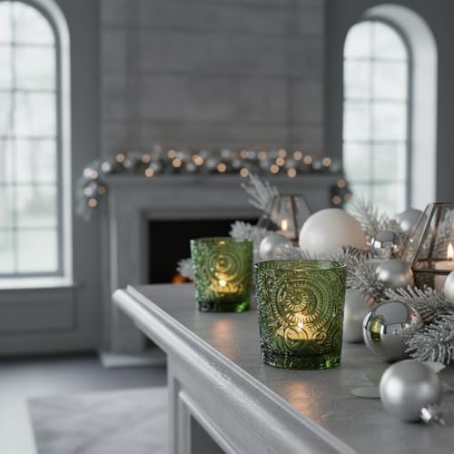 12 Pack Patented Sun Moon Star Embossed Glass Tea Light Candle Holders - Unique Votive Candle Holders for Wedding, Party, and Table Centerpieces (Moss Green) - color: Moss Green