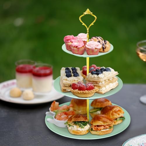 Lucky Will Green Tiered Dessert Serving Tray for Kid's Party Supplies Favors 3 Tier Cupcake Cake Stand for Birthday Tea Afternoon Halloween Christmas Candy Bar - color: Light Green