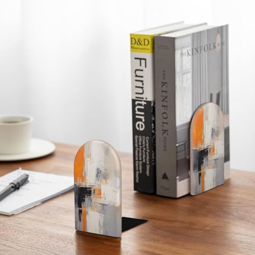 Decorative Bookends 2 Pcs Orange Gray Art Painting Wood Bookends for Shelves Heavy Books Kids Non-Skid Book Ends Stoppers for Office Desk Kitchen School - color: Orange Gray Art Painting