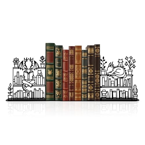 Metal Dragon Reading Book Decorative Bookend 9.1x 4.7 Inches, Unique Dragon Bookends Decorative, Fantasy Dragon Decor,Cute and Fantasy Bookends with Dragon and Cat Lying on The Bookshelf Pattern