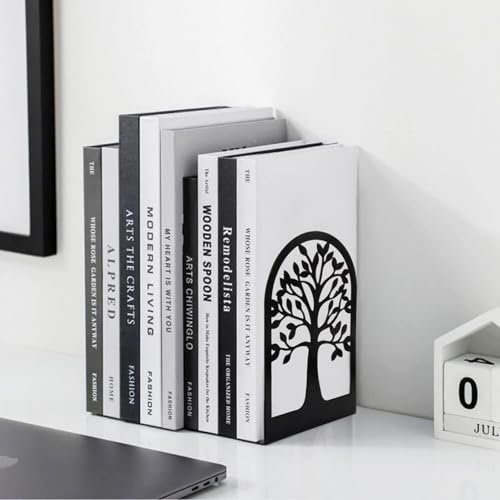 Book Ends, Metal Bookends for Shelves Decorative, Tree Stopper for Heavy Books for Office Home Kitchen, Black(1 Pairs/2 Pcs, Large)