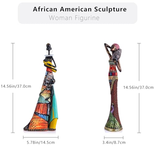 14.6" H African Art Statue for Home Decor, Colorful African American Women Sculpture Figurines - for Female Living Room Table Afrocentric Gifts for Women