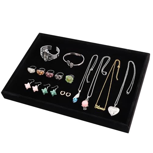 Mornajina 13.8" x 9.5" Velvet Jewelry Tray Jewelry Display Tray, Stackable Empty Plate Trays for Earrings Necklaces Bracelet Rings Display Showcase - Black - color: Black, size: Flat Tray 13.8"x9.5"