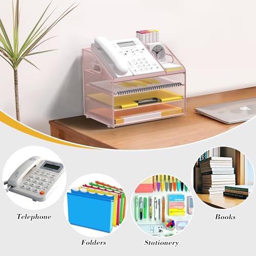 Letter Tray Paper, 4 Tier Desk Organizer with Pen Holder and Handle, Mesh File Organizer Paper Sorter Metal Desktop Document Shelf for Office Home Classroom - Pink - color: 4 Tier-pink