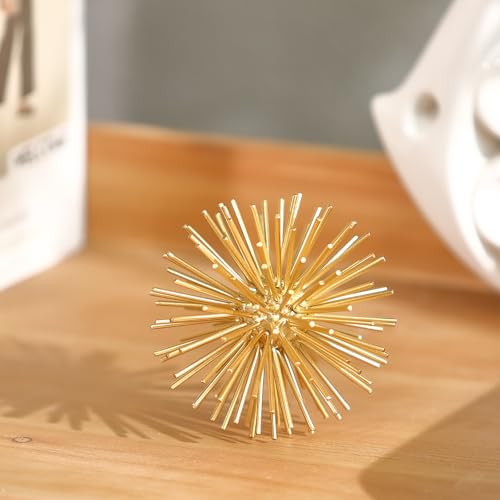 Gold Sphere Decor, Metal Gold Starburst Tabletop Sculpture Decor, Modern Metal Starburst Centerpiece, Spike Ball Decoration for Home Decor - color: Gold-starburst-4.2"