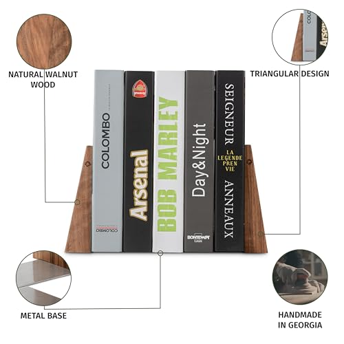 TILISMA Book Ends for Shelves - Handmade Wooden Bookends with Metal Base, Walnut Tree - Sturdy Book Holders for Heavy Books - Fancy Modern Decorative Book Accessories to Hold Books Firmly on Bookshelf - color: Walnut