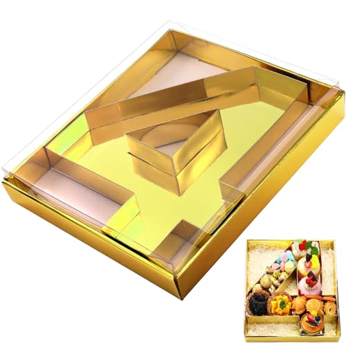 SiliFine 12" Charcuterie Number Shaped Mache with Clear Lid Fillable Sweets Serving Trays Paper Mache Cupcake Candy Box for 2025 Graduation Party Graduation Celebration(Gold,Number 4) - color: Gold, style: Number 4