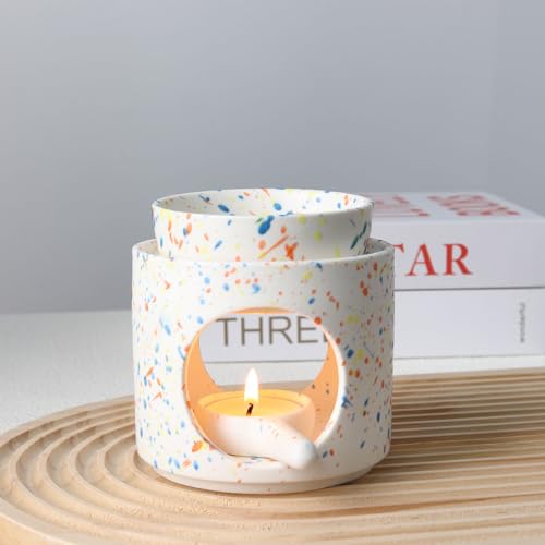 Ceramic Fragrance lamp with Tea Light Holder | Aroma lamp | Scented Oil and Scented Wax Diffuser | H*11cm ø10cm Removable Bowl | Grooved Surface (Multicolor) - color: Multicolor