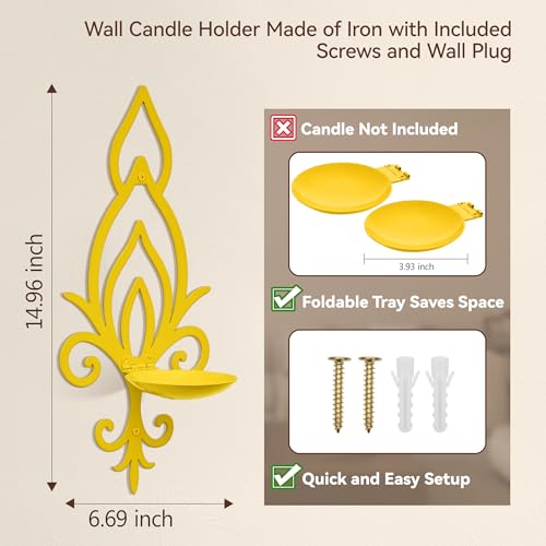 Wall Candle Sconces Set of 2, Vintage Flower-Shaped Metal Candle Holders for Pillar, Tealight, and LED Candles, Rustic Decorative Wall Decor for Living Room Dining Room (Golden Yellow) - color: Golden Yellow Flower-shaped