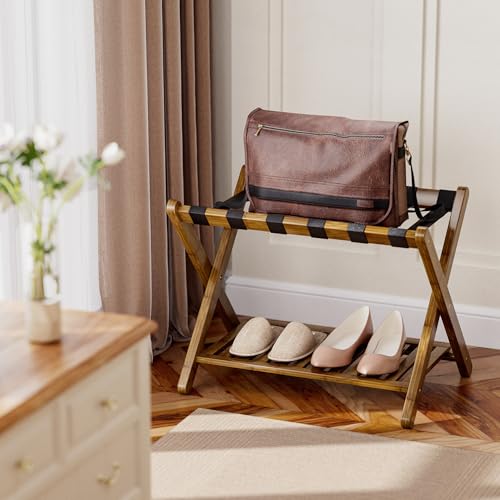 SMIBUY Luggage Rack, Foldable Bamboo Suitcase Stand with Storage Shelf for Guest Room, Bedroom, Hotel, Heavy-Duty, 1 Pack (Walnut) - color: Walnut