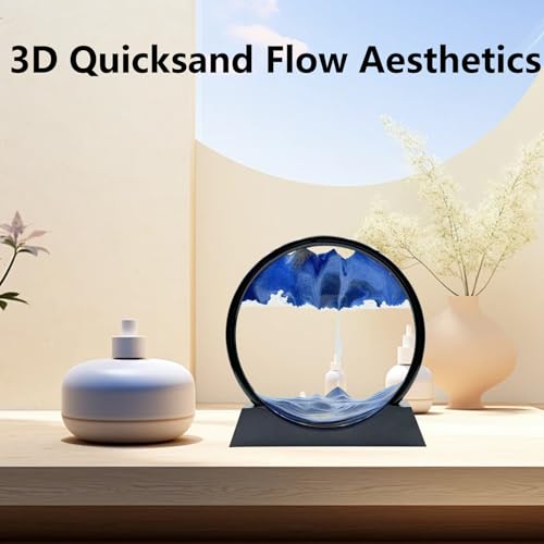 Moving Sand Art Liquid Motion, 3D Deep Sea Sandscape Color Quicksand Decor, Round Glass Moving Sand Art Picture Relaxing Desktop Home Office Work Decor (7 inch-Blue) - color: Blue, size: 7 inch