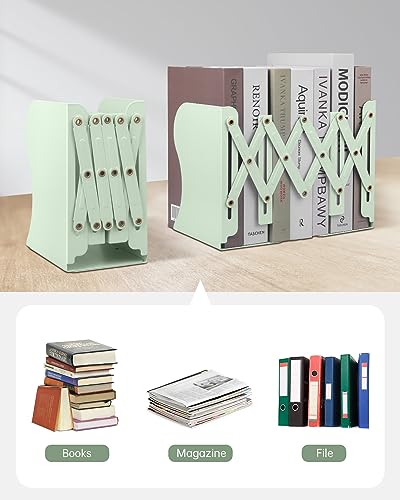 Honagu Adjustable Bookends, Metal Book Ends for Shelves Heavy Book, Desk Magazine File Organizer for Home, Office, Books, Papers, Extends up to 19 inches (Macaron Green) - color: Macaron Green