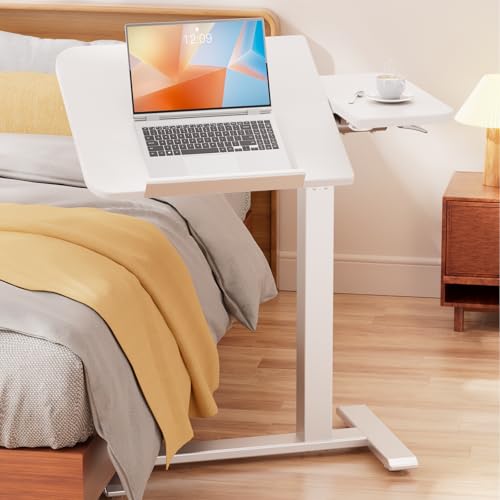 GTPLAYER Overbed Bedside Table with Wheels,Tiltable Hospital Bed Table Over The Bed, Pneumatic Adjustable Rolling Laptop Desk, Mobile Standing Desk for Hospital and Home Use (White) - color: White