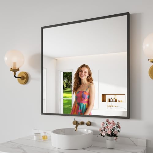 Koonmi Bathroom Mirror for Wall, 30"x30" Black Bathroom Mirror for Over Sink, Shatterproof Tempered Glass Vanity Mirror with Anti-Rust Aluminum Alloy Frame, Hang Horizontally or Vertically - color: Square Edged, size: 30"L x 30"W