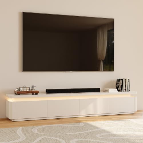 POVISON Fully Assembled 95" Mid-Century Modern TV Stand with LED Lights, Glossy Sintered Stone Top Media Console for 85 Inch TV, Drop-Down Doors & Drawers, Open Storage for Living Room - color: White, size: 95"