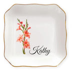 Ship Next Day, Personalized Ceramic Jewelry Dish, Custom Birth Flower & Name Trinket Tray for Mother's Day, Bridesmaid, Birthday Gift - Waved Square - color: Birth Flower Jewelry Tray-waved Square