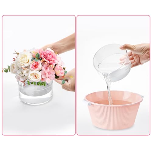 Jucoan 4 Pack Round Acrylic Flower Vase, 6 x 2.5 Inch Cylinder Low Acrylic Vase with Holes for Floral Arrangement, Home Wedding Bridal Shower Party Table Centerpieces Decor