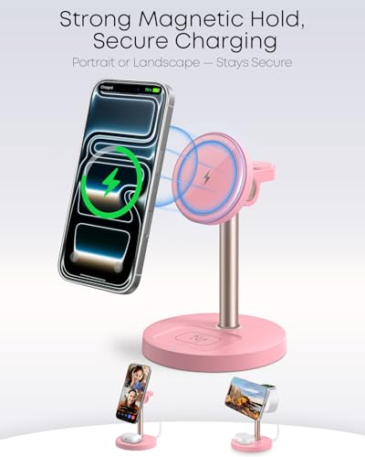 3 in 1 Magnetic Wireless Charging Station, 15W Fast Charger Stand for iPhone, Phone Charger Stand for Desk Nightstand, for iPhone 17/16/15/14/13/12, Apple Watch & AirPods, Adapter Not Included -Pink - color: Pink