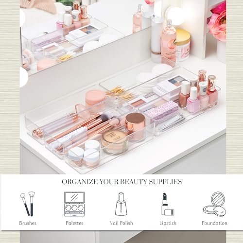 STORi SimpleSort 6-Piece Stackable Clear Drawer Organizer Set | 9" x 3" x 2" Rectangle Trays | Narrow Makeup Vanity Storage Bins and Office Desk Drawer Dividers | Made in USA - size: 9x3x2" (Set of 6)