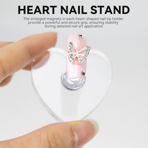 Nail Stands for Press On Nails Painting Display Practice, Powerful Magnetic Nail Tip Holders for Diy Design, Heart Nail Art Stand with 200 PCS Double-Sided Tapes Home Salon Use (Silver) - color: Silver, size: Medium