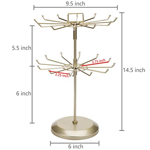 MyGift 2 Tier Brass Metal Jewelry Stand Rotating Necklace and Bracelet Organizer with 24 Hooks for storage, Multipurpose Accessory and Decorative Keychain Spinning Display Rack for women - color: Brass (2 Tier)