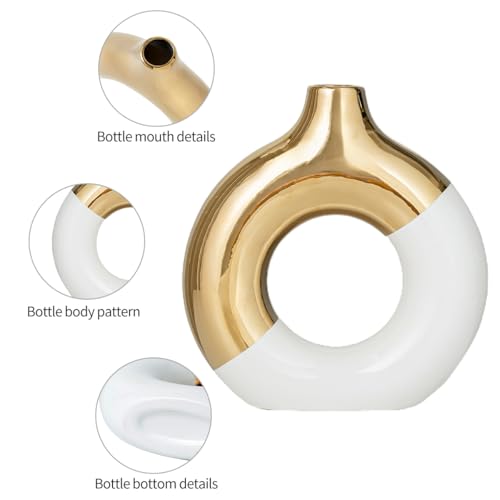 White and Gold Donut Vase, Modern Ceramic Vase for Pampas Grass, Perfect Centerpiece for Weddings, Living Room, and Office Decor (White Gold, L) - color: White Gold, size: Large