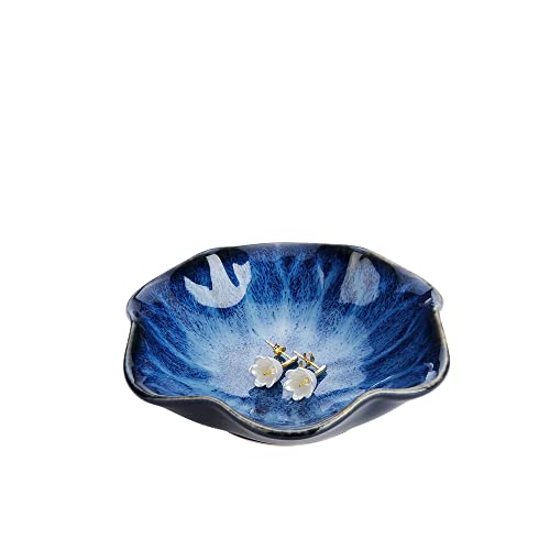 Lotus Leaf Shape Decorative Ring Tray, Small Key Bowl, Ceramic Trinket Tray Jewelry Dish Organizing Necklace Earrings, Home Decoration for Mom Best Friend Sister, Blue. - color: Blue Lotus