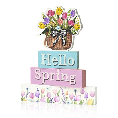 Smile Spring Wooden Indoor Decoration, Hello Spring, Floral Basket Wood Signs, Rustic Farmhouse Flowers Home Table Decor, Retro Centerpiece for Tiered Tray - style: Floral
