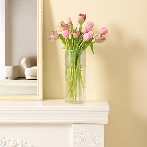 Clear Glass Vase, Glass Flower Vase, Ribbed Glass Vase, Clear Vase, Tall Cylinder Glass Vases for Centerpieces, Living Room, Dining Table, Office, Wedding, Bookshelf Decoration, 9.8 Inches - color: Clear, size: 10''