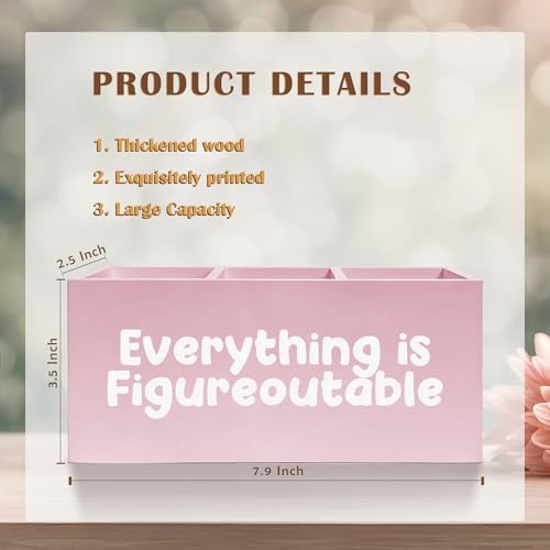 Everything Is Figureoutable Makeup Brush Toothbrush Holder, Preppy Coquette Pink Wooden Pen Pencil Holder Organizer for Dorm Bedroom Desk Accessories, Inspirational Gifts for Women - color: Color-Desk accessories pink 19