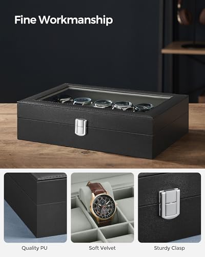 SONGMICS Watch Box, 12-Slot Watch Case Organizer with Large Glass Lid, Removable Pillows, Gift for Loved Ones, Black Synthetic Leather, Gray Lining UJWB12BK - color: Black + Gray, size: 12 Slot