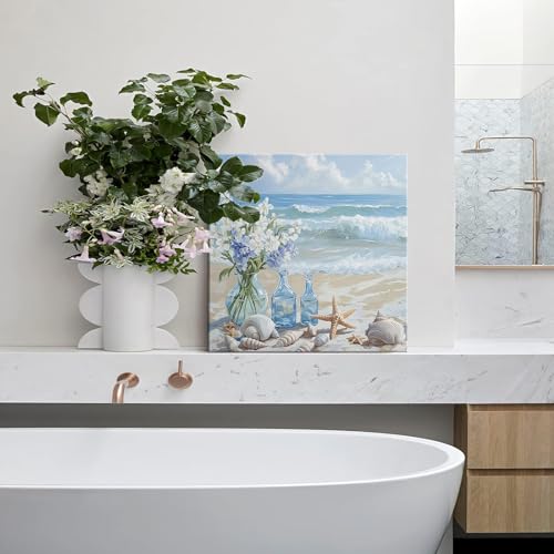 Blue Beach Canvas Wall Art Coastal Floral Vase Wall Decor Picture Ocean Theme Seascape Starfish Conch Poster Print for Bathroom Bedroom Living Room Office Decoration 20x20in - size: 20"L x 20"W