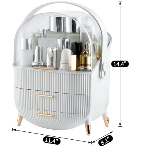 CANITORON Makeup Organizer,Skincare Organizer with 2 Drawers and Transparent Cover,Cosmetic Display Case for Vanity Organizer and Bathroom Countertop Storage.(White) - color: White