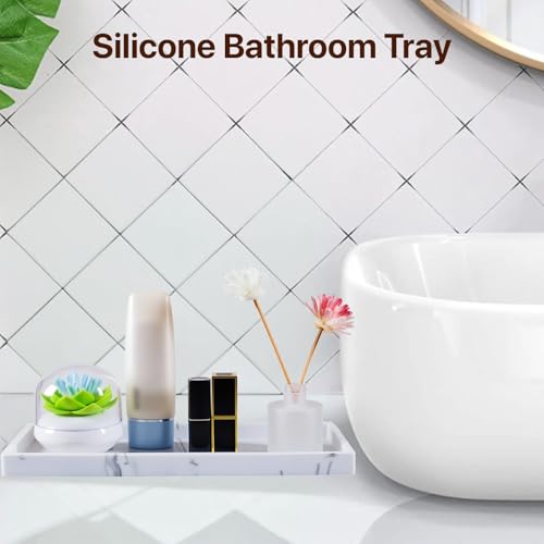 Bathroom Vanity Tray - 2PC (11.8 '' and 8'') Silicone Kitchen Sink Tray for Perfume Soap Towel Bathroom Accessory for Soap Dispenser Vanity Trays, White Marble - color: Marble, size: M+Mini