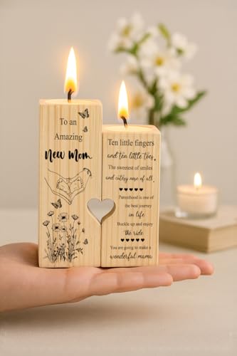 New Mom Gifts – Wooden Candle Holder with Poem – Gift for New Mom After Birth, Postpartum Gifts, Pregnancy Gifts for Expecting Mom, Push Presents, First Time Mom Gift - size: NEW MOM