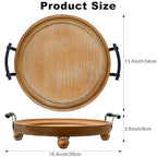 Wooden Decorative Tray for Coffee Table, Round Wood Serving Tray with Metal Handles, 13 Inch Rustic Wood Trays for Tale Centerpiece, Home Kitchen Farmhouse Decor