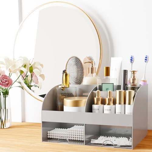 Makeup Organizer with Drawers, Cosmetic Storage for Dresser Vanity and Bathroom Countertop, Beauty Holder for Lipstick Brush, Skincare Organizer for Vanity, Cosmetic Display Case (Grey) - color: Grey