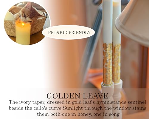 Flameless Taper Candles Flickering with Remote and Timer, 3D Moving Flame Taper Candle Battery Operated to 400 Hours, 9 Inch Window Candles, (Gold Leaf) - color: Gold Leaf