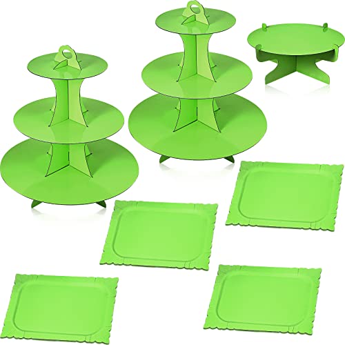 Zopeal 7 Pcs Dessert Table Display Set 3-Tier Cupcake Stand 1-Tier Cup Cake Display Tower Platters and Serving Trays Cardboard Cake Cookie Holders for Wedding Birthday Party Baby Shower(Green) - color: Green