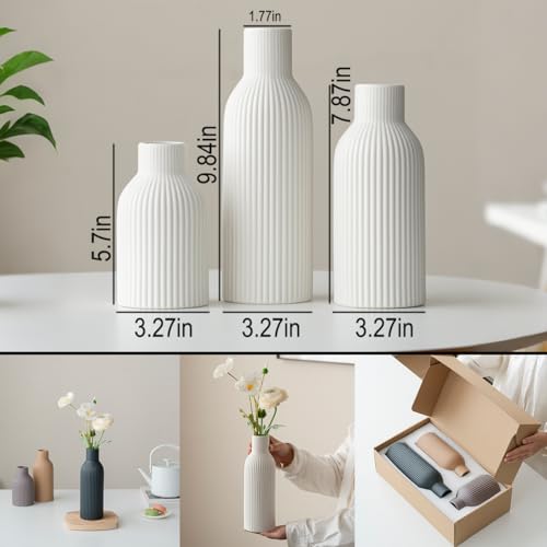 Modern Ceramic Vases Set of 3, White Ribbed Decorative Vases, Shelf Table Centerpiece for Home Decor, Birthday Gifts for Women, Mom, Grandma Decorative (White) - color: White