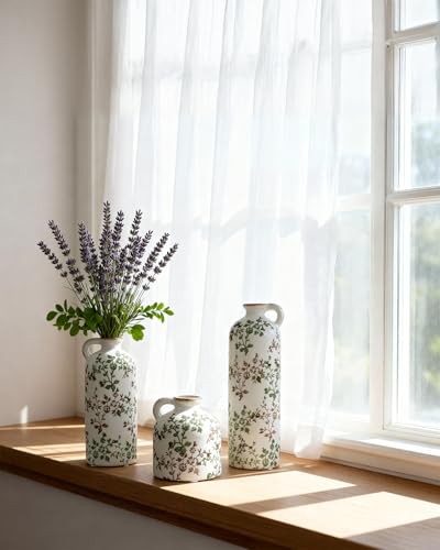 3-Piece Ceramic Jug Vase Set with Handles – Vintage Green Floral Crackle Glaze Decorative Vases for Home, Farmhouse Living Room, Shelf & Table Decor - color: Green & Brown02