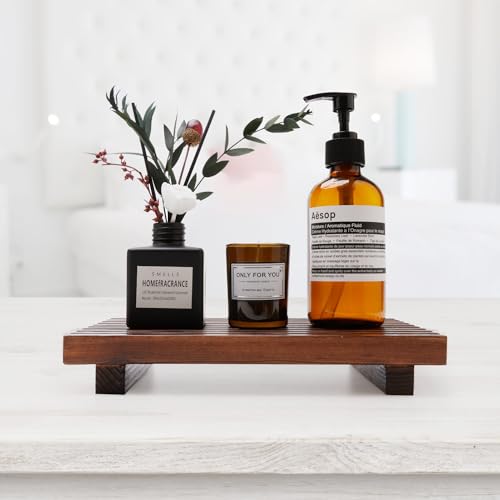 Farmhouse Bathroom Counter Organizer Wooden Display Pedesta Stand Small Kitchen Countertop Trays Decorative Wood Riser Dish Soap Dispenser Holder for Bathroom Decor Sink Accessories Vanity Tray - color: Brown, size: 10x6 inch