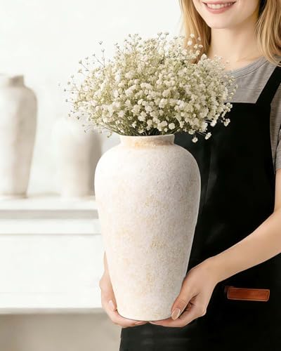 Large Ceramic Rustic Vase 11 Inches, YBX White Ceramic Flower Vase for Centerpieces, Decorative Farmhouse Tall Vase for Home Decor, Living Room, Bedroom, Hallway, Wedding, Table Decorations, Beige - color: Rustic Cream-11"