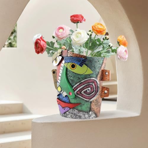 Picasso Abstract Face Flower Pot,Unique Resin Crafted Planter with Drainage Holes,Interesting Colorful Planter with Human face,for Indoor and Outdoor Botanical Home décor (Frown) - style: Frown