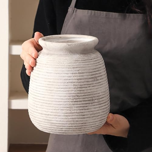 Ceramic Flower Vase, 7.48 Inch Rustic Farmhouse Decorative Vase Pottery Wide-Mouth Vases for Home Decor Table Entryway Mantel Bookshelf Living Room Bedroom Bathroom Kitchen - Rustic White - color: 7.5“ H - Rustic White